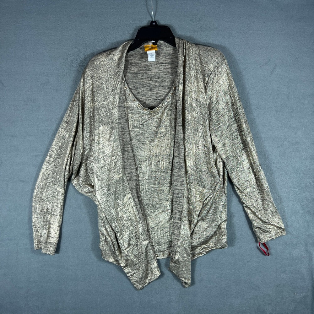 Ruby Rd Womens Cardigan Tank Set XL Gold Metallic Open Front Studded Neckline